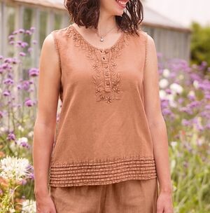 April Cornell Tan Floral Embroidered Linen Cotton Sleeveless Nantucket Blouse M